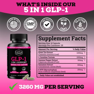 GLP-1 Supplement Support (GLP-1 Supplement Women) GLP Activate with GLP-1 Probiotic Green Tea Extract (5 in 1 GLP-1 Booster) 3260mg Per Serving (1 Month Supply) For Metabolism Support