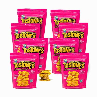 TOSTONES, Green Plantains, Re-Sealable Bag, Crunchy chips, Plantains, Palm Oil and Salt, 3.53 Oz per Unit, SWEET CHILI, 8 Pack,