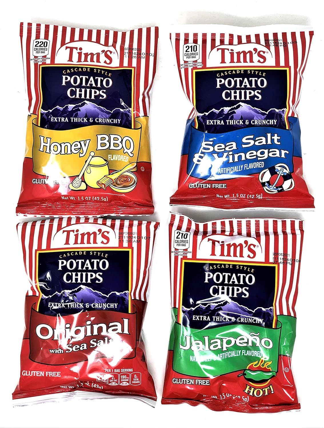 DTTB Tim&#39;s Cascade Style Potato Chips Sampler Pack with Tapatio Sauce! (Honey BBQ, Sea Salt Vinegar, Original Jalape 4 Count, 1.5oz Bags (4 Pack)