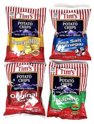 DTTB Tim&#39;s Cascade Style Potato Chips Sampler Pack with Tapatio Sauce! (Honey BBQ, Sea Salt Vinegar, Original Jalape 4 Count, 1.5oz Bags (4 Pack)