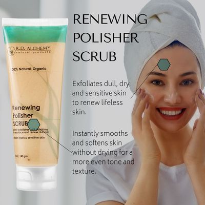 RD Alchemy - 100 Natural Organic Renewing Polisher Face Scrub for Brightened Skin Complexion. Brightening Facial Scrub Gently Exfoliates using Jojoba Beads, AHAs, Rice Bran, more