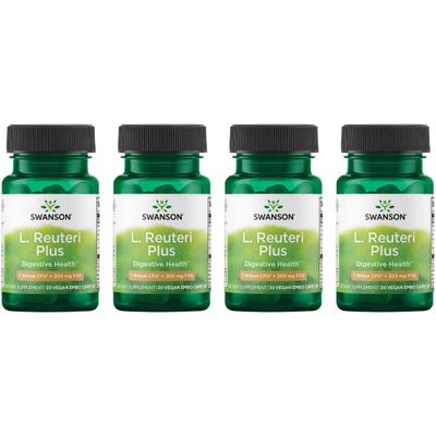 Swanson L. Reuteri Probiotic Plus wL. Rhamnosus L. Acidophilus FOS Prebiotic Digestive Support - Promotes Gut Health w 7 Billion CFU per Capsule - (30 Veggie Capsules) (4 Pack)