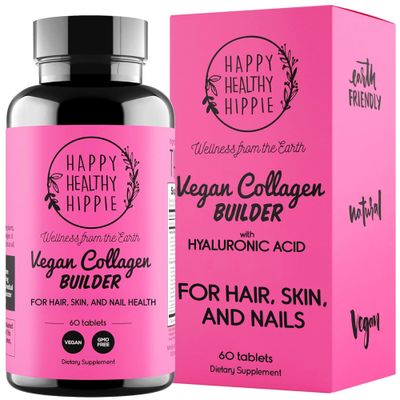 Vegan Collagen Builder w Hyaluronic Acid - Hair Skin and Nails Vitamins for Youthful Glow Keratin Elastin Booster Bones, Cartilage, Tendons Vitamin A, L-Lysine Vegetarian Non-GMO, 60 Ct