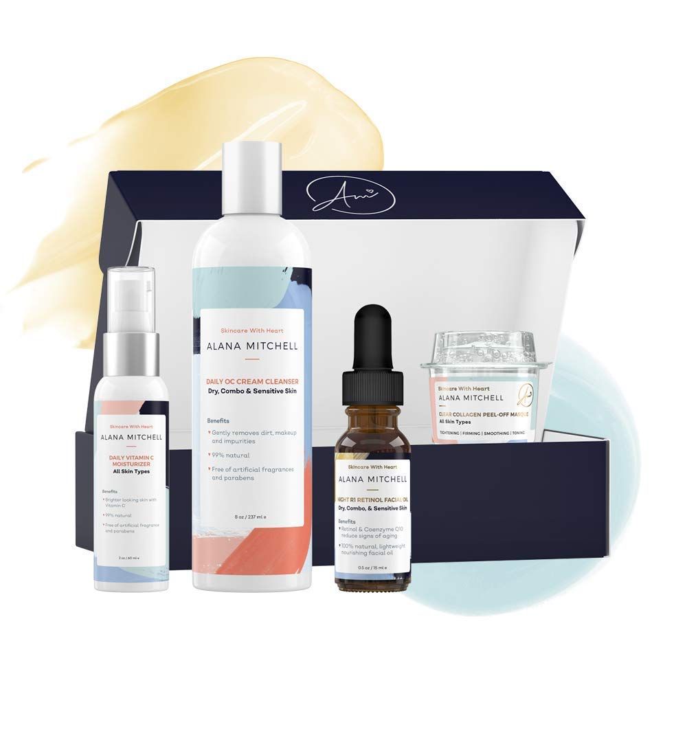 At Home Anti Aging Facial Set - 4 Piece Skincare Kit All Skin Types with Vitamin C Moisturizer, Retinol Oil, Cream Cleanser and Peel Off Face Mask - Younger Healthier Skin
