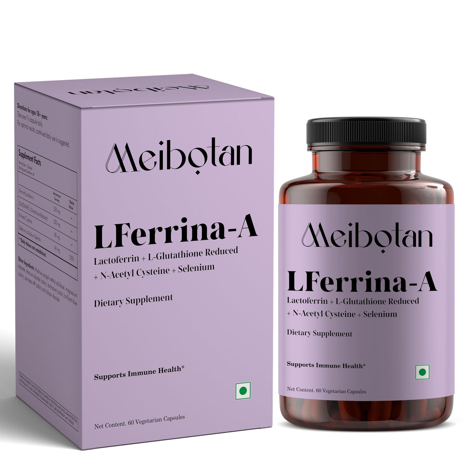MEIBOTAN lactoferrin Supplement with L-Glutathione Reduced for Men&#39;s Women&#39;s Boosts Immunity,Enhance Nutrient Absorption,Reduces Cellular Damage,Promotes Skin Health - 60 Veg Capsules