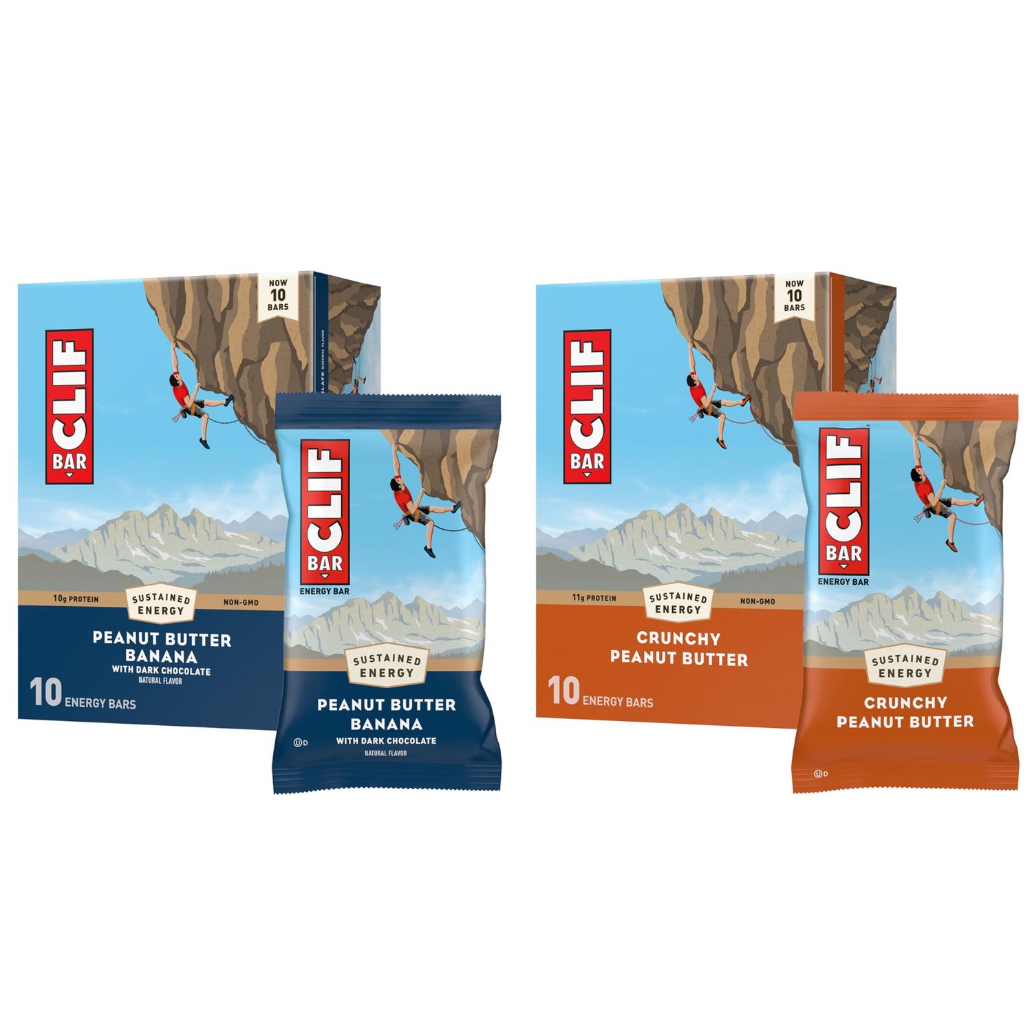 CLIF BAR - Peanut Butter Variety Pack - 2 Flavors - Made with Organic Oats - Energy Bars - Non-GMO - Plant Based Protein Bars (20 Pack, 2 Boxes)
