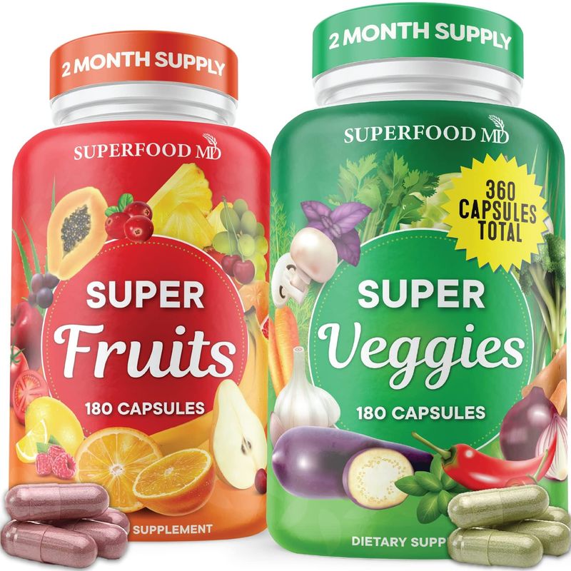 Superfood Fruit and Veggie Supplement - 360 Whole Super Fruit and Vegetable Supplements Vitamin, Natural Energy Levels, with Olive Leaf Soy Free- 180 Count (Pack of 2)