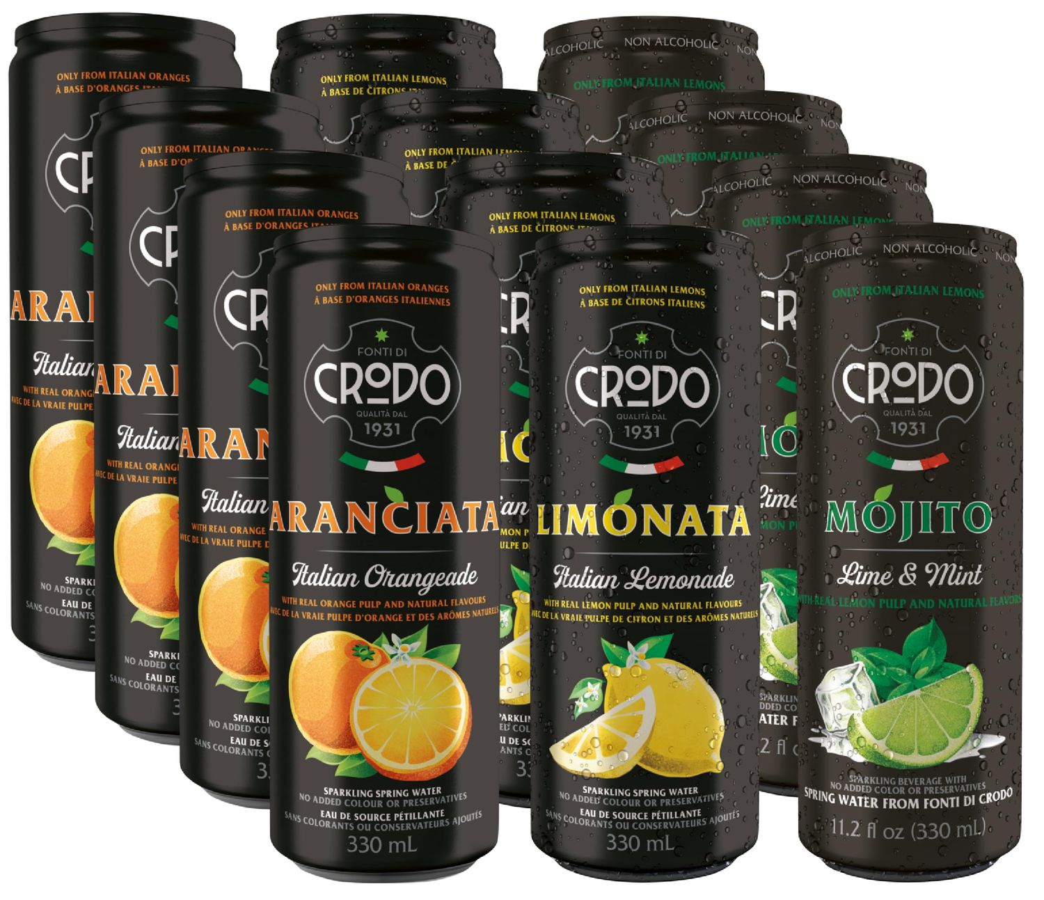 Niro Assortment Fonti Di Crodo Variety 3 Flavor Assortment 4 Cans of Each Flavor- Limonata, Mojito, and Aranciata 12 Cans Total Includes Niro Can Sleeve