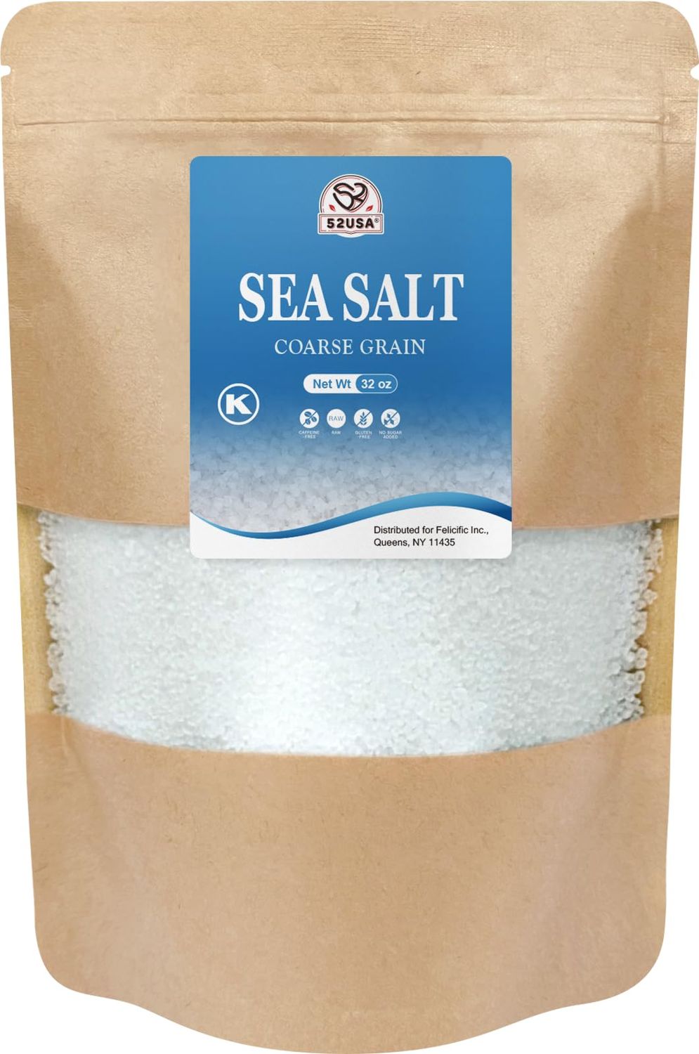 52USA Sea Salt, 2lb - 32oz (1 Pack), Coarse Grain, Salt Grinder Refill, Perfect Coarse Sea Salt For Cooking, All Natural Sea Salt