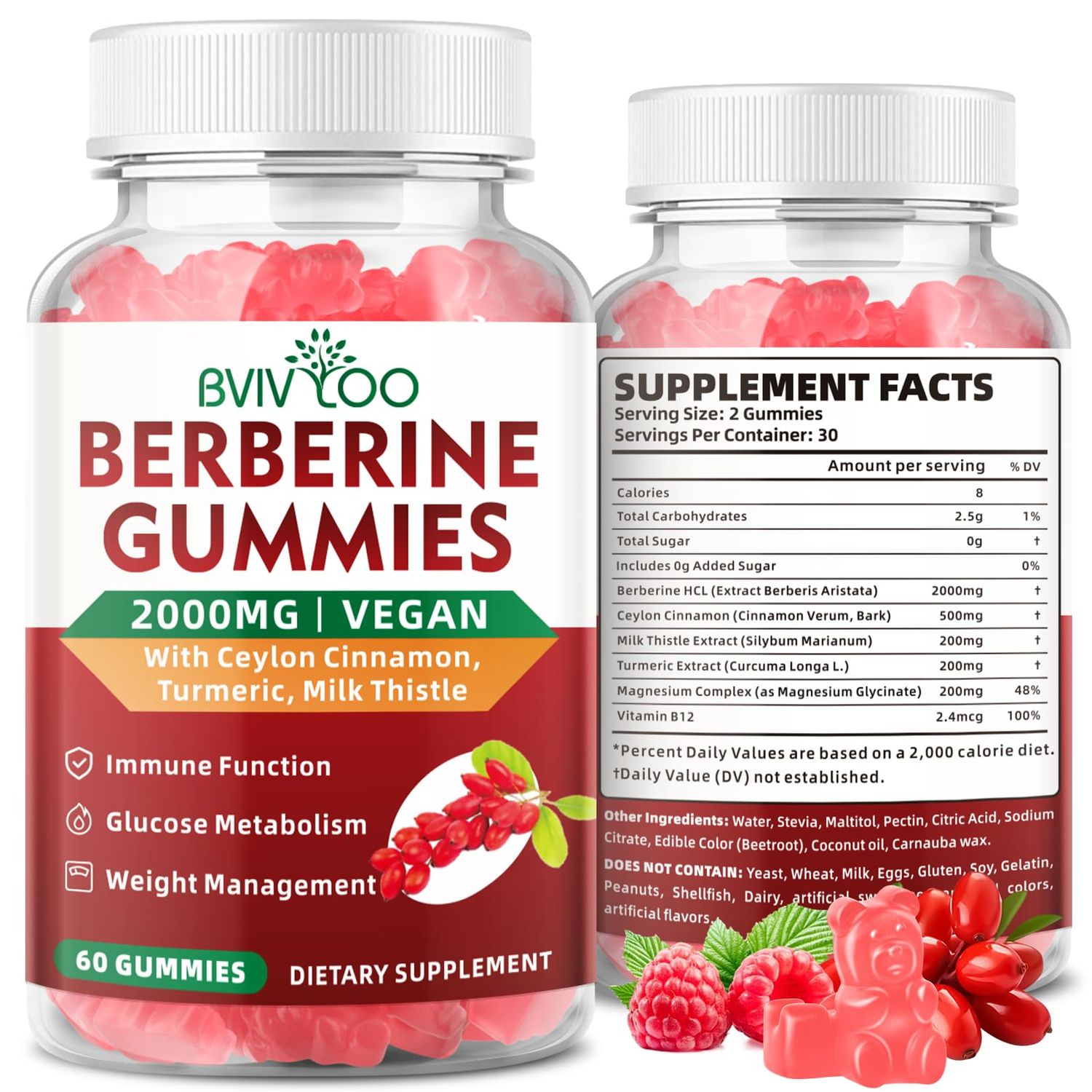 BVIVLOO Premium Berberine Gummies, 2000mg High Potency Berberine HCI Supplement, Plus Ceylon Cinnamon, Milk Thistle for Women Men, Immune System Metabolism Support - 60 Gummies