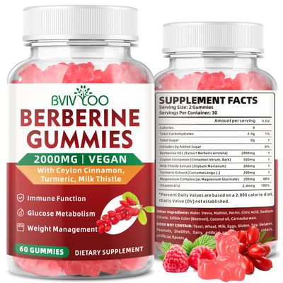 BVIVLOO Premium Berberine Gummies, 2000mg High Potency Berberine HCI Supplement, Plus Ceylon Cinnamon, Milk Thistle for Women Men, Immune System Metabolism Support - 60 Gummies