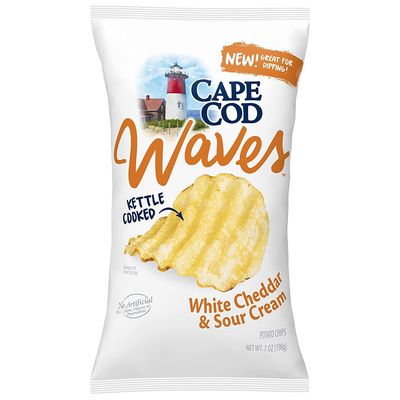 Cape Cod Waves Kettle Cooked Potato Chips, Satisfying All Natural- Great For Dipping (White Cheddar Sour Cream, 4 Bags)