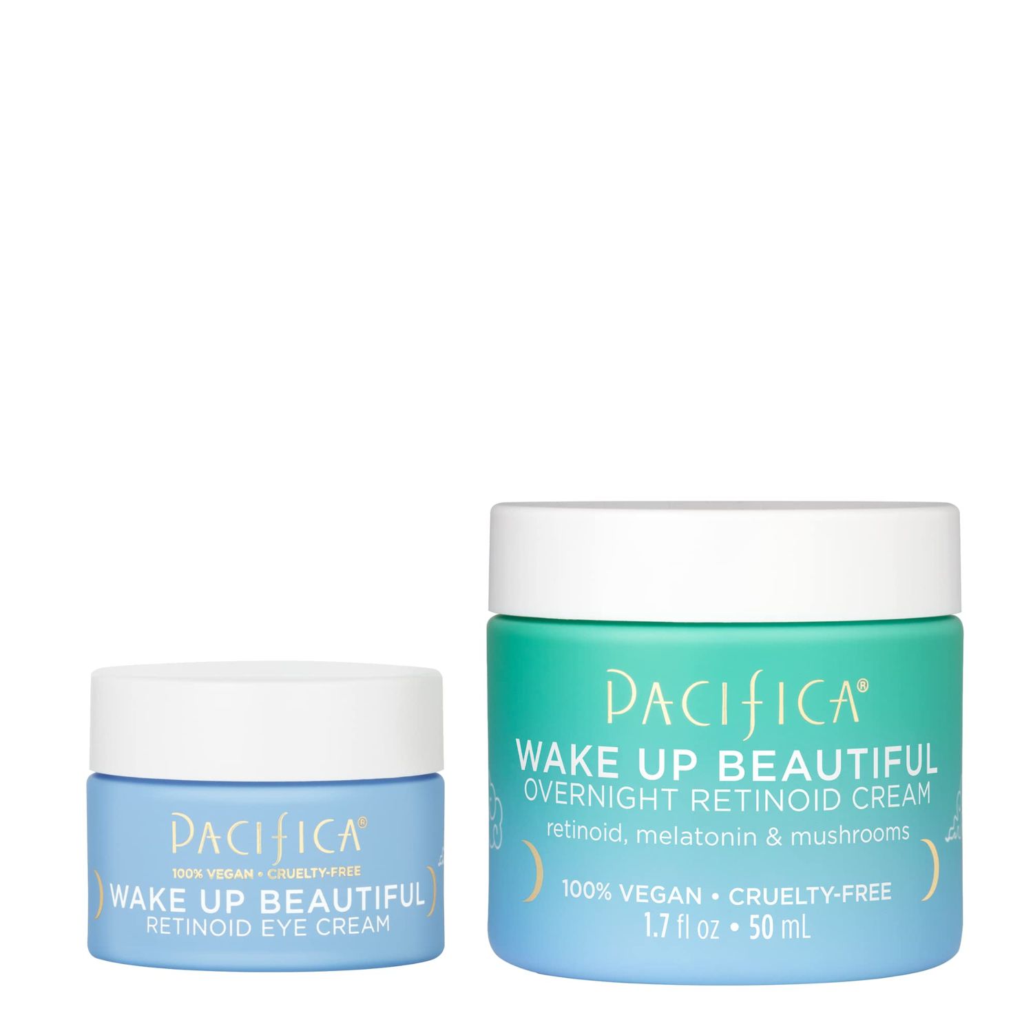 Pacifica Beauty Wake Up Beautiful Retinoid Eye Cream Overnight Retinoid Cream Set, Skincare, Moisturizer, Face Cream, For Dry, Aging, Sensitive Skin, Vegan, 0.5 fl oz and 1.7 fl oz (Set of 2)