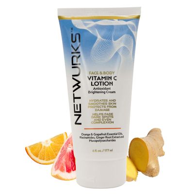 NetWurks Vitamin C Lotion, Antioxident Cream for Face Body, Smoothes Hydrates Skin, Helps Reduce Blemishes, Fine Lines, Wrinkles, 6 Fl Oz