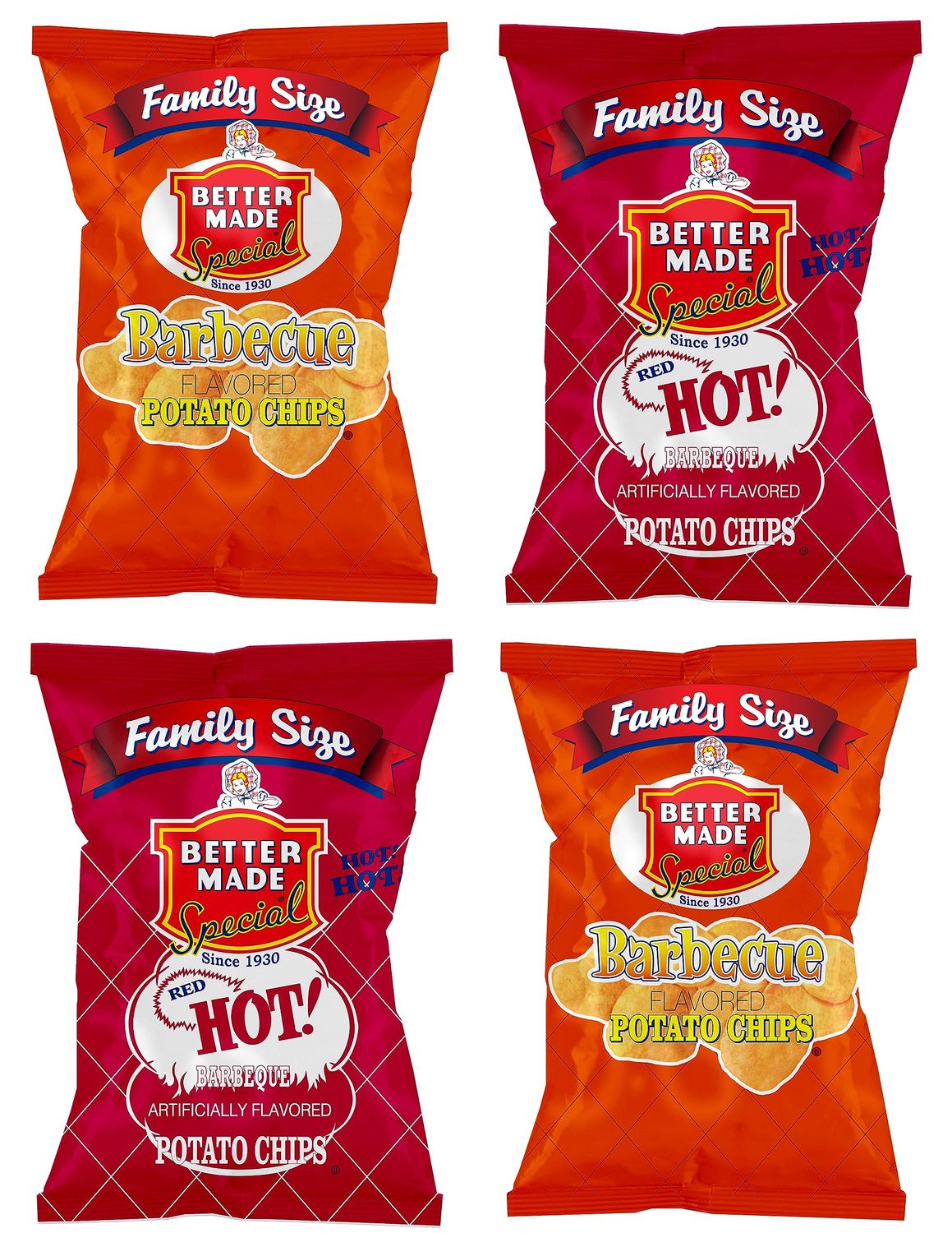 Better Made Special BBQ Red HOT BBQ Potato Chips Variety Pack (4) x Family Size Bags 9.5oz (Pack of 4) - Crispy, Crunchy, Salty Snacks Made From Fresh Potatoes - Gluten Free - Family Owned