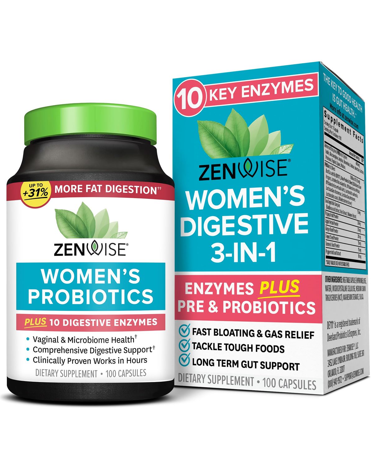 Zenwise Health Probiotics for Women - Digestive Enzymes for Bloating Relief, Vaginal Health, and Gut Flora Health, Daily Women Probiotic Prebiotic Supplement for Digestive Health - 100 CT