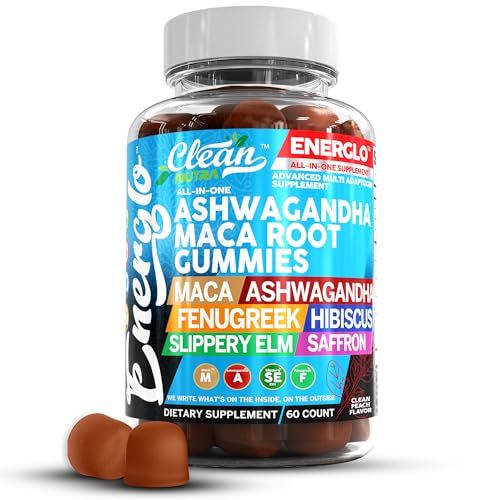Ashwagandha Maca Root Gummies with Fenugreek Hibiscus Slippery Elm Saffron Extract Beta Carotene Peach Flavor Vegan Gummy Vitamins Adaptogen Cortisol Supplement Energlo by Clean Nutra