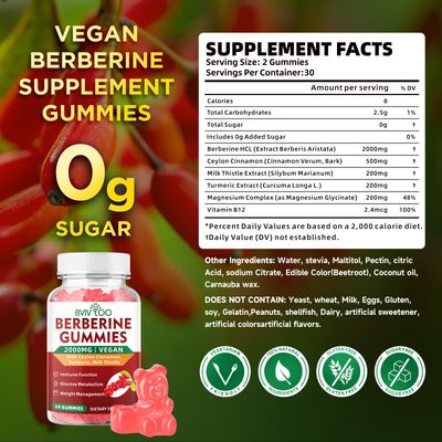 BVIVLOO Premium Berberine Gummies, 2000mg High Potency Berberine HCI Supplement, Plus Ceylon Cinnamon, Milk Thistle for Women Men, Immune System Metabolism Support - 60 Gummies