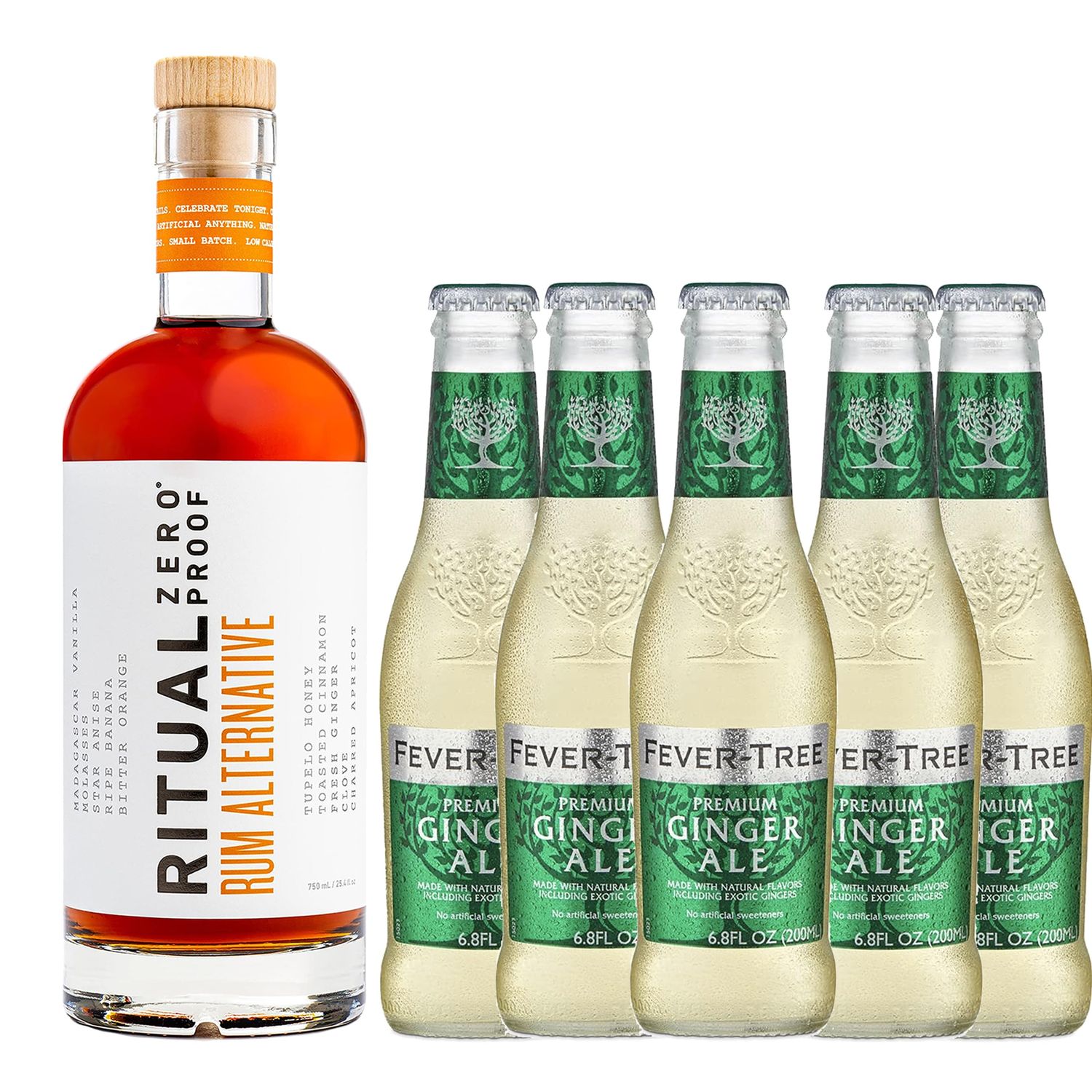 Ritual Zero Non-Alcoholic Rum Alternative with 5 Pack of Fever Tree Ginger Ale for your favorite Alcohol-Free Mixed Drink