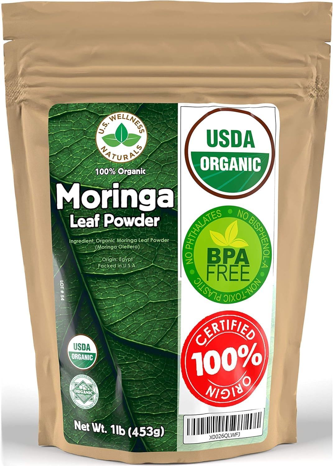 U.S. Wellness Naturals Moringa Powder 1LB (16Oz) 100 Certified Organic 100 Pure Moringa Leaf NO Stems - Raw from India Smoothies Drinks Tea Recipes - Resealable Bag