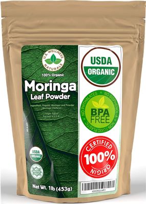 U.S. Wellness Naturals Moringa Powder 1LB (16Oz) 100 Certified Organic 100 Pure Moringa Leaf NO Stems - Raw from India Smoothies Drinks Tea Recipes - Resealable Bag