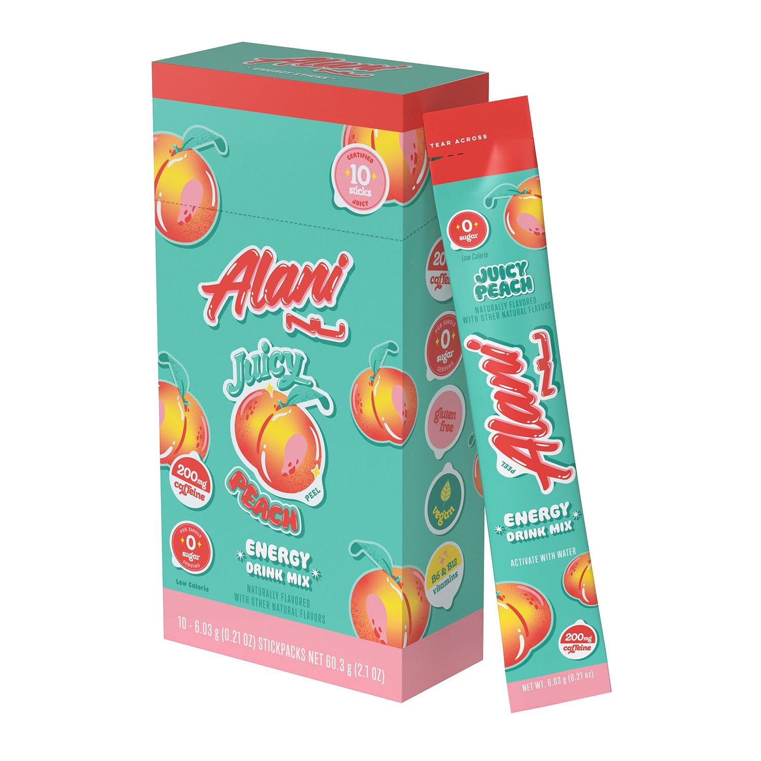 Alani Nu JUICY PEACH Energy Sticks Energy Drink Powder 200mg Caffeine Pre Workout Performance with Antioxidants On-The-Go Drink Mix Biotin, B Vitamins Zero Sugar 10 Calories 10 Pack