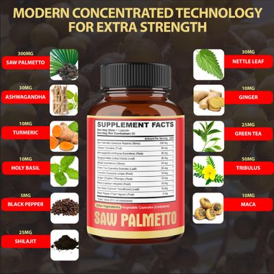 Premium Saw Palmetto Capsules - Combined with Ashwagandha, Turmeric, Tribulus, Maca, Green Tea, Ginger, Holy Basil More - Natural Prostate Support - 90 Capsules 3-Month Supply