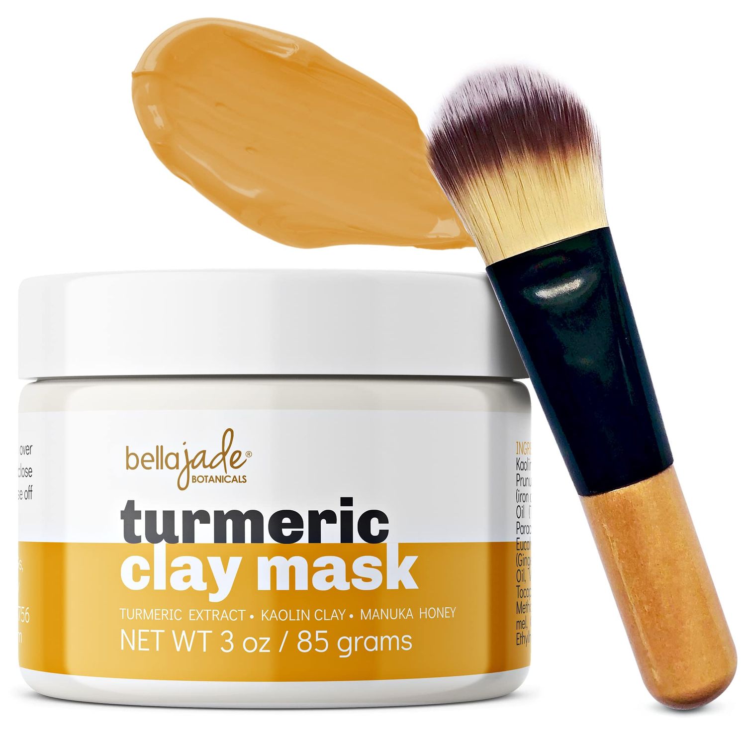 Bella Jade Turmeric Vitamin C Clay Face Mask Brush for Acne, Hyperpigmentation, Dark Spots and Anti Aging - with Tumeric, Kaolin Clay, Organic Aloe Vera and Manuka Honey