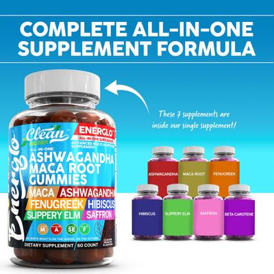 Ashwagandha Maca Root Gummies with Fenugreek Hibiscus Slippery Elm Saffron Extract Beta Carotene Peach Flavor Vegan Gummy Vitamins Adaptogen Cortisol Supplement Energlo by Clean Nutra
