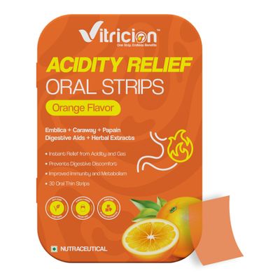 Vitricion Acidity Relief 30 Oral Strips for Instant Relief from Acidity, Gas, Bloating IndigestionDigestive Aids Like Papain, Amla, Fennel, Mint Improves Gut Health, Boosts Immunity Metabolism