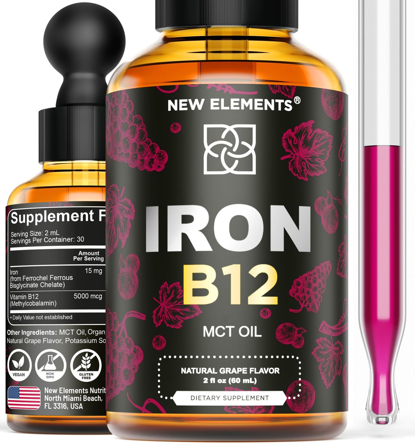 Liquid Iron Supplement for Women Men with Vitamin B12 5000mcg - Free Blood Builder for Anemia - Liquid Vitamin B12 Drops for Adults with MCT Oil, Natural Grape Flavor, 2 Fl Oz