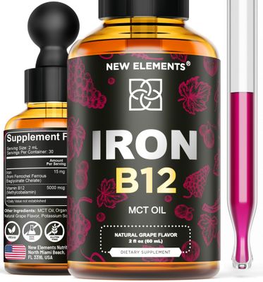 Liquid Iron Supplement for Women Men with Vitamin B12 5000mcg - Free Blood Builder for Anemia - Liquid Vitamin B12 Drops for Adults with MCT Oil, Natural Grape Flavor, 2 Fl Oz