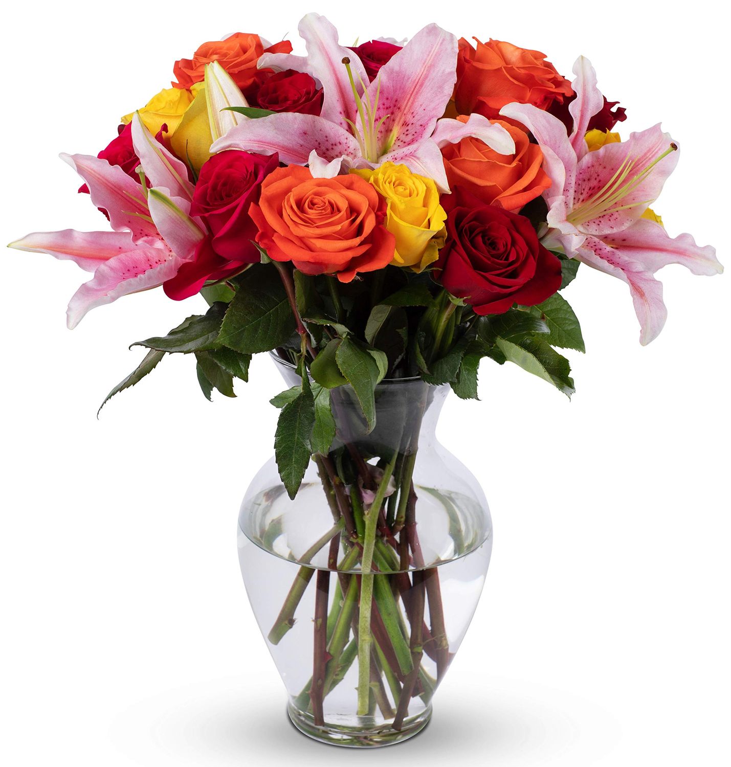 Benchmark Bouquets - Big Blooms Oriental Lilies Roses (Glass Vase Included) - Fresh Flowers for Delivery - Gift for Graduation, Birthday, Anniversary, Sympathy, Get Well, Congratulations