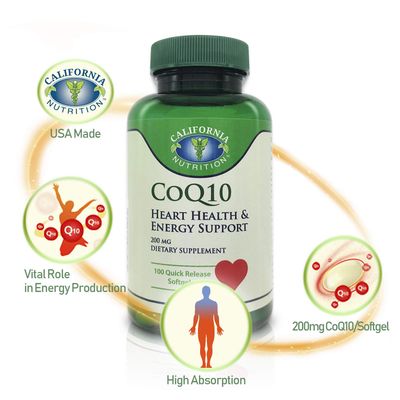California Nutrition CoQ10 200mg Softgels, Coenzyme Q10 Coq-10 Co Q 10 Supplements, 100 Counts High Absorption Quick Release Co Q-10 Antioxidant for Heart Health Energy Production, 100 Days Supply