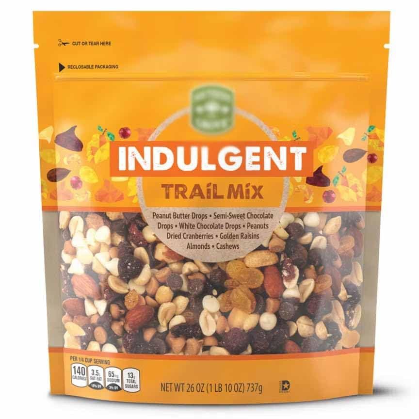 Grove Indulgent Trail Mix: Chocolate chips, Peanuts, Golden Raisins, White Peanut Butter Drops, Almonds, Dried Cranberries, Cashews, NO Artificial Colors, Flavors Sweet and Salty Southern 26oz