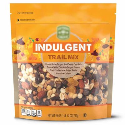 Grove Indulgent Trail Mix: Chocolate chips, Peanuts, Golden Raisins, White Peanut Butter Drops, Almonds, Dried Cranberries, Cashews, NO Artificial Colors, Flavors Sweet and Salty Southern 26oz