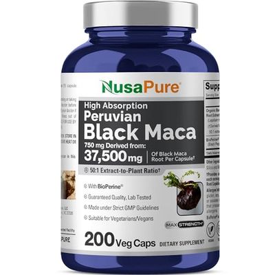 NusaPure Black Maca Root 50:1 Extract, 750 mg Equivalent to 37,500 mg 200 Veggie Per Caps (Vegan, Non-GMO)
