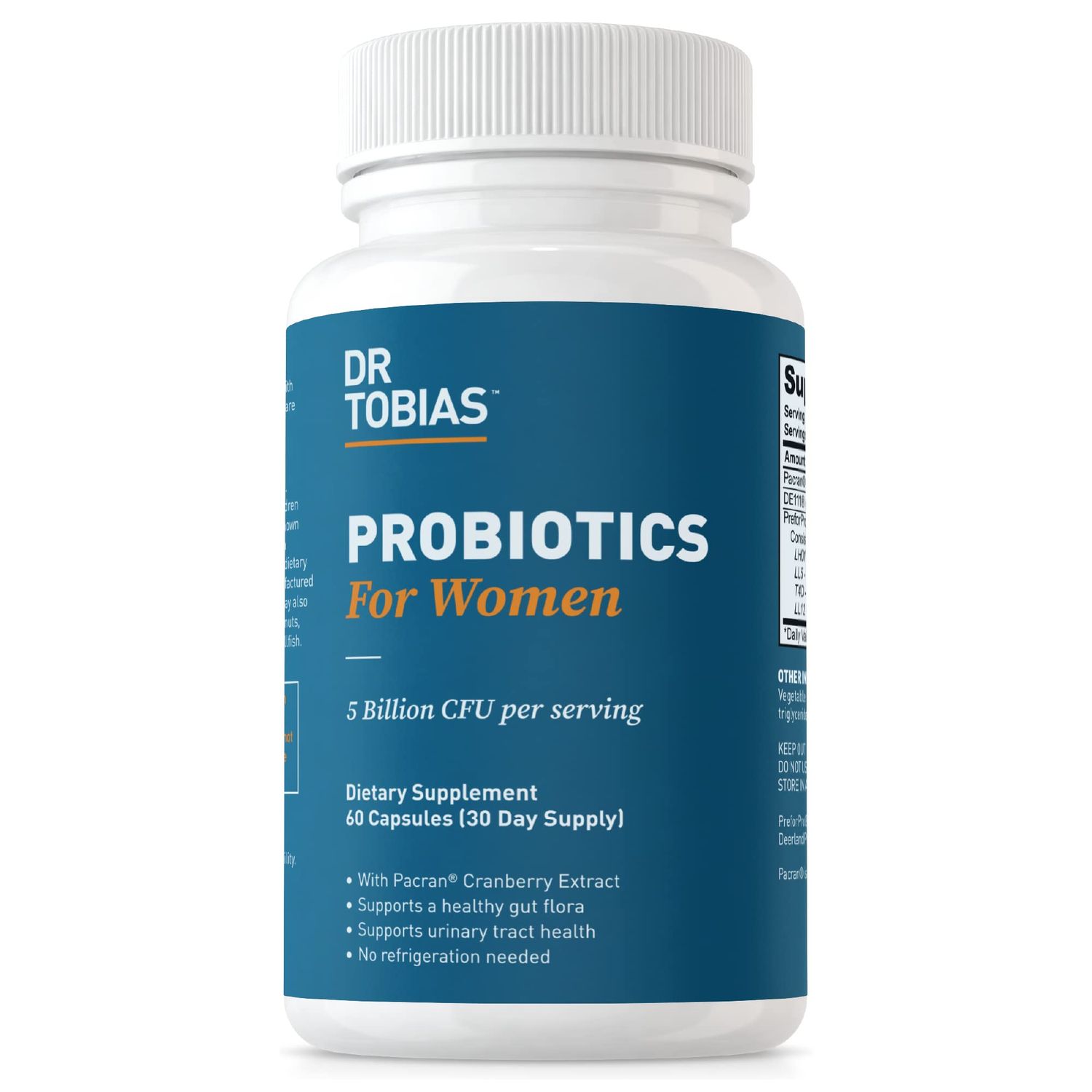 Dr. Tobias Probiotics for Women, 5 Billion CFUs Plus Prebiotics Cranberry Extract for Urinary Tract Health for Women, Supports Digestive Immune Health, 60 Capsules, 30 Servings