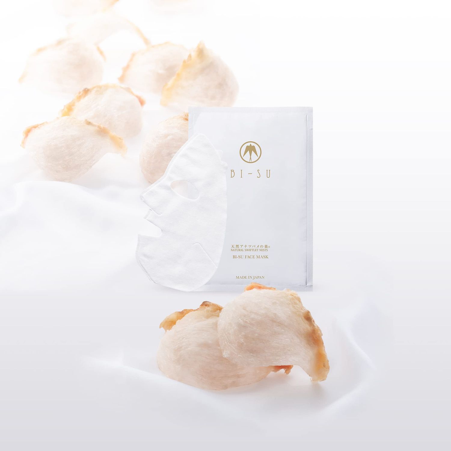 BI-SU Face Mask Natural Swiftlet Nests Extract, Hyaluronic Acid, Ceramide, Collagen, Squalane, Anti-aging Japanese Skincare, Helps Wrinkles, Texture, Dryness, 4 Sheets, 27ml each, Damask Rose Scent
