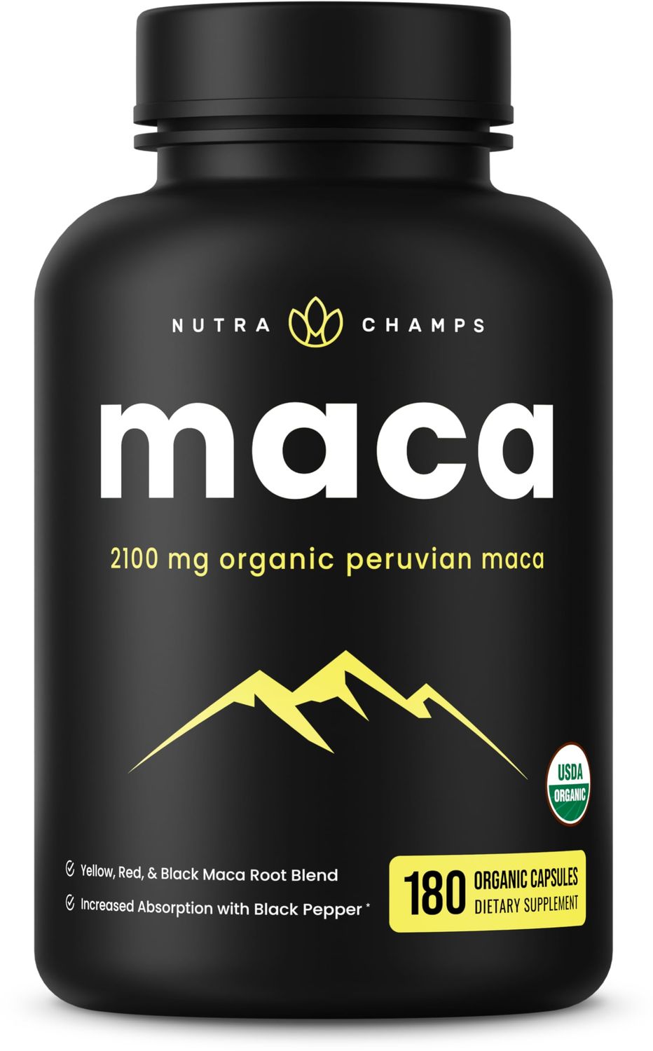 NutraChamps USDA Organic Maca Root Capsules for Women Men, 2100mg, 180 Capsules, Black, Red Yellow Peruvian Gelatinized, Highest Potency Maca Root Powder Supplement