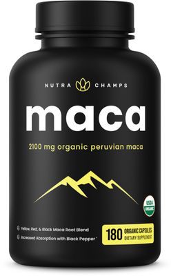 NutraChamps USDA Organic Maca Root Capsules for Women Men, 2100mg, 180 Capsules, Black, Red Yellow Peruvian Gelatinized, Highest Potency Maca Root Powder Supplement