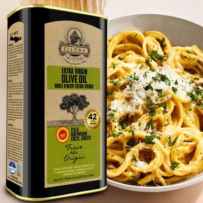 Ellora Farms, Certified PDO Extra Virgin Olive Oil, Single Estate, Single Origin, Single Variety, Cold Press Traceable Olive Oil, Born in Crete, Greece, Kosher, 1 Lt Tin (33.8 oz.)