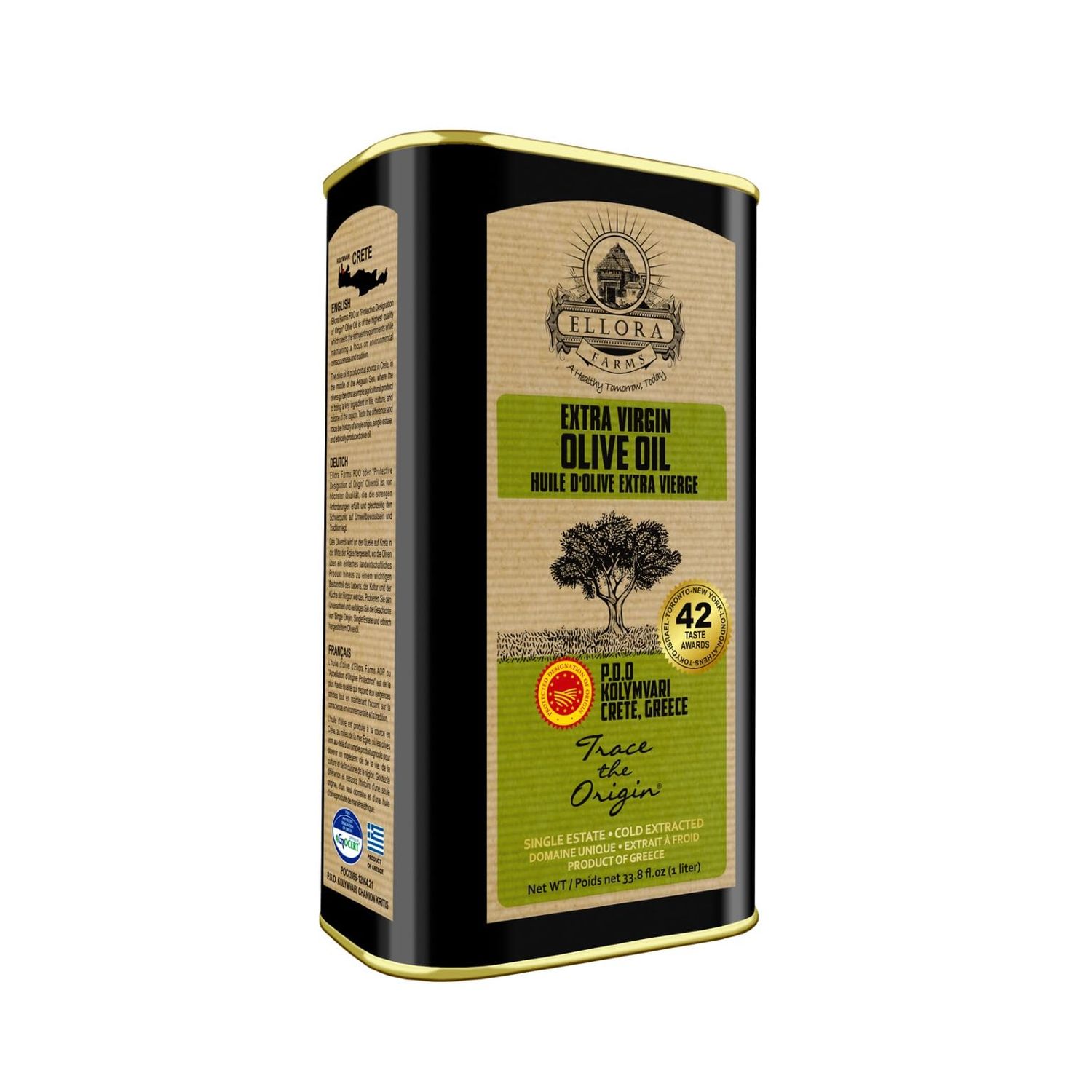 Ellora Farms, Certified PDO Extra Virgin Olive Oil, Single Estate, Single Origin, Single Variety, Cold Press Traceable Olive Oil, Born in Crete, Greece, Kosher, 1 Lt Tin (33.8 oz.)