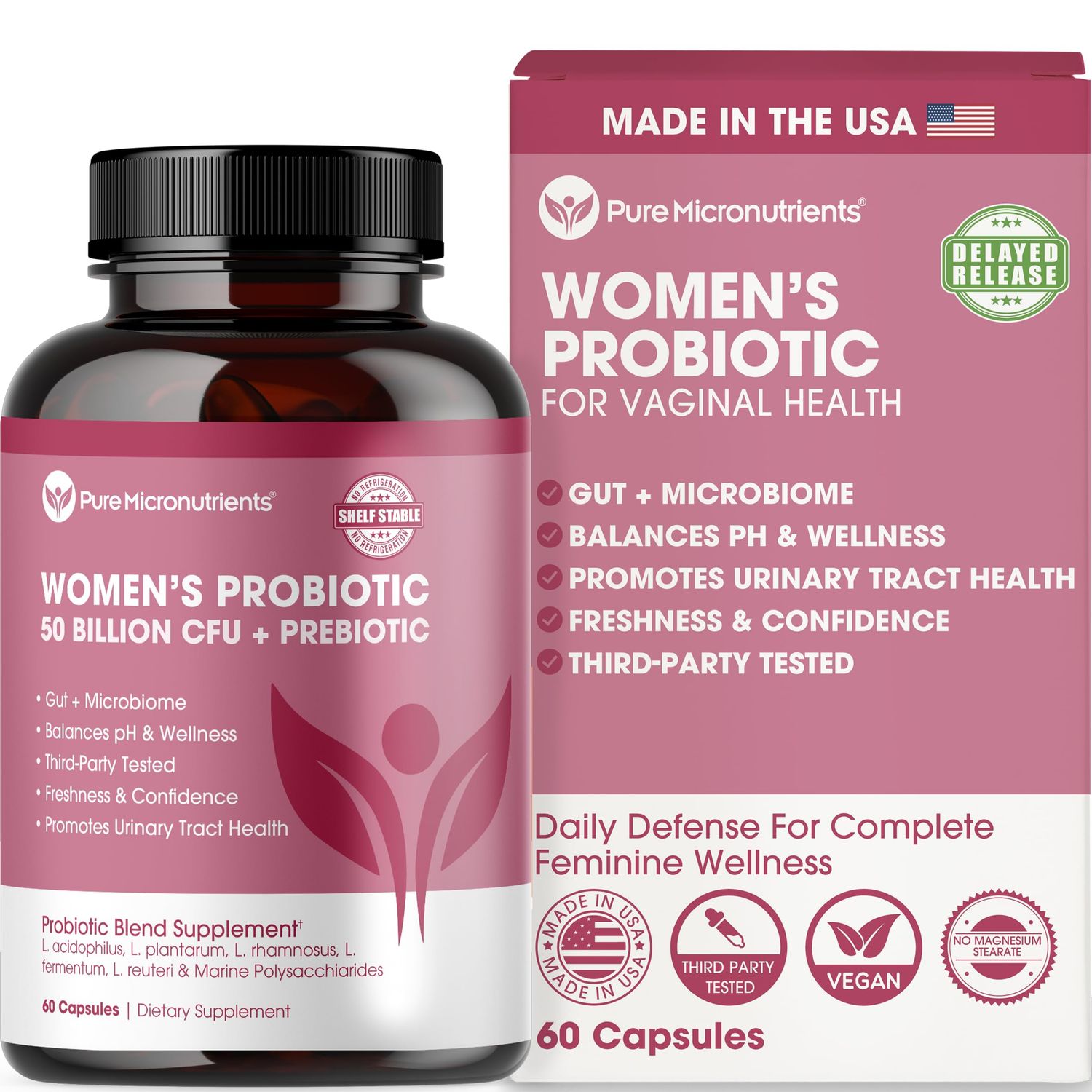 Pure Micronutrients Probiotics for Women, PH Balance Vaginal Health Support, 50 Billion CFU Per Serve, Gut, Digestive Urinary Tract Care, Lactobacillus Prebiotics, 60 Capsules