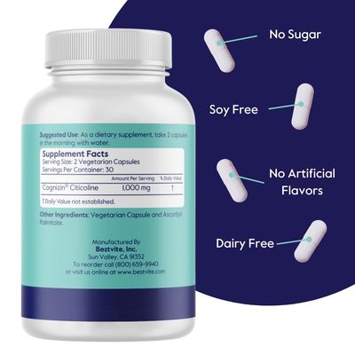 BESTVITE Cognizin 500mg (60 Vegetarian Capsules) - Clinically Studied Premium Choline Nootropic - No Stearates - Vegan - Non GMO - Gluten Free - Citicoline - Brain Supplements for Memory and Focus