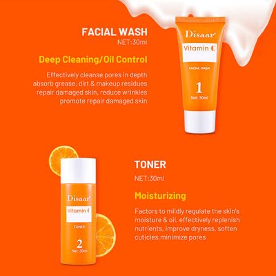 DISAAR BEAUTY Vitamin C Organic Orange Extract Skin Care Set Facial Wash Toner Serum Face Cream Moisturizing Reduce Wrinkles Hydrate 30ml30ml10ml15g 4PCS