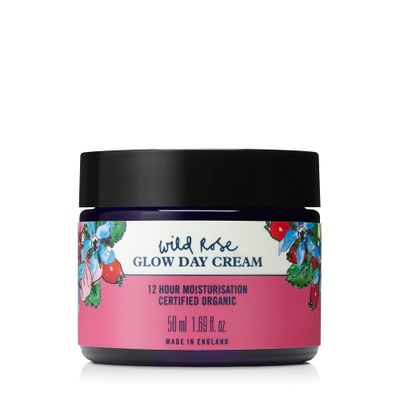 Neal&#39;s Yard Wild Rose Glow Day Cream, Hydrating Revitalizing with Hyaluronic Acid, Moisturizes, Smooths Plumps, 50 mL