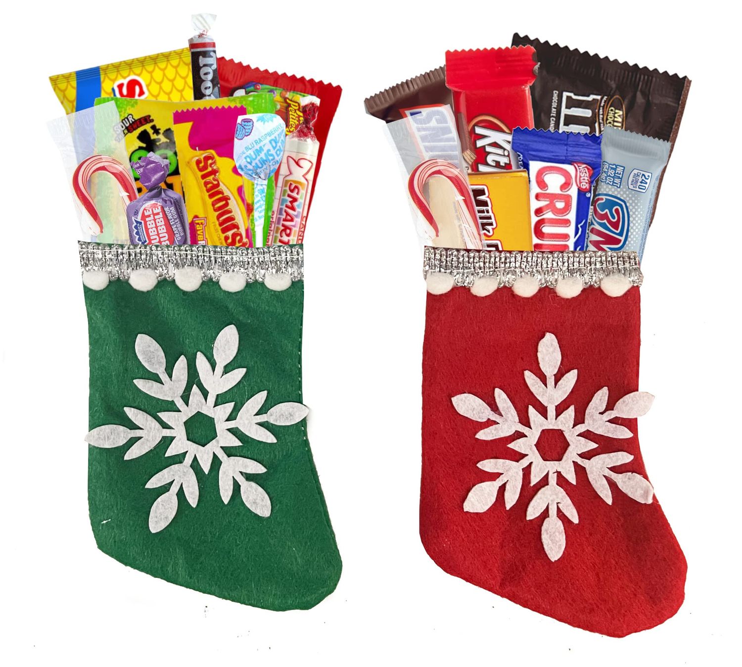 Favorite Chocolate Gift Sets Christmas - Holiday Candies - Filled Mini Stockings - Christmas Candy Kids -Perfect For Secret Santa And Kids of All Ages! (2-4.5&quot; Mini Stockings - Red Green Snowflakes)