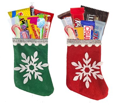 Favorite Chocolate Gift Sets Christmas - Holiday Candies - Filled Mini Stockings - Christmas Candy Kids -Perfect For Secret Santa And Kids of All Ages! (2-4.5&quot; Mini Stockings - Red Green Snowflakes)