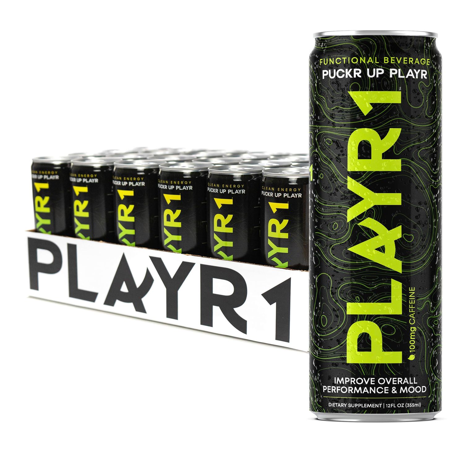PLAYR1 Functional Hydration Drink with Caffeine, Vitamins, Calming, Flavored Beverage, Non-Carbonated, No Artificial Sugars, Colors, or Flavor (Puckr Up)
